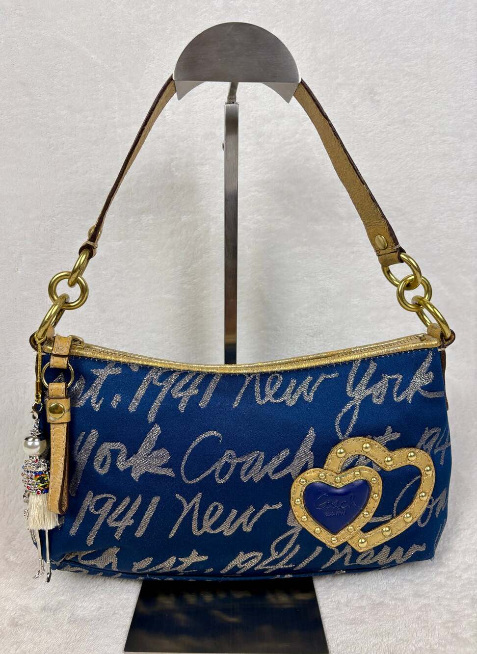Coach Vintage Y2K Poppy Lurex Script Hobo in Navy/Gold Jacquard Canvas/ Shoulder